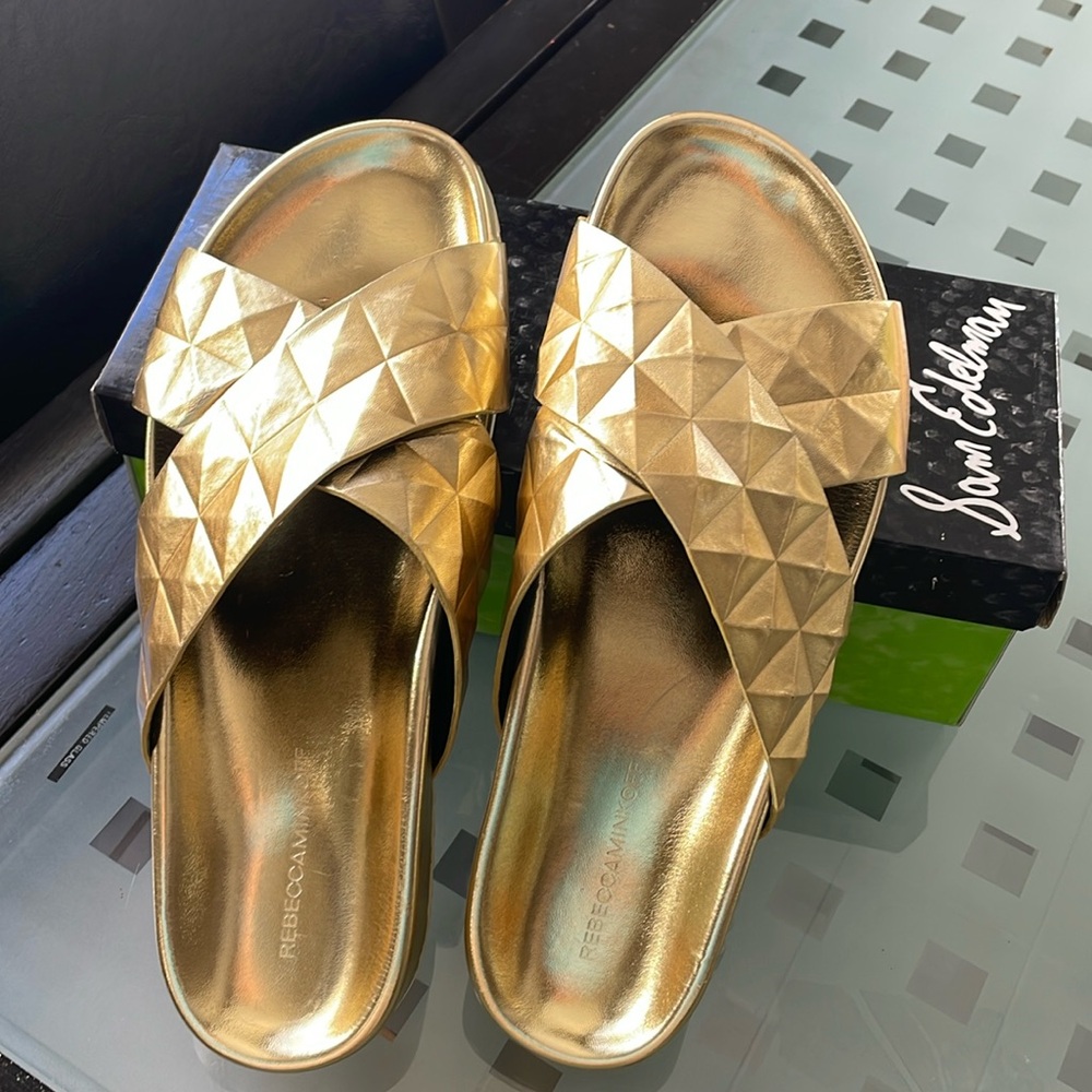 Rebecca Minkoff Chunky Gold Geometric Sandals